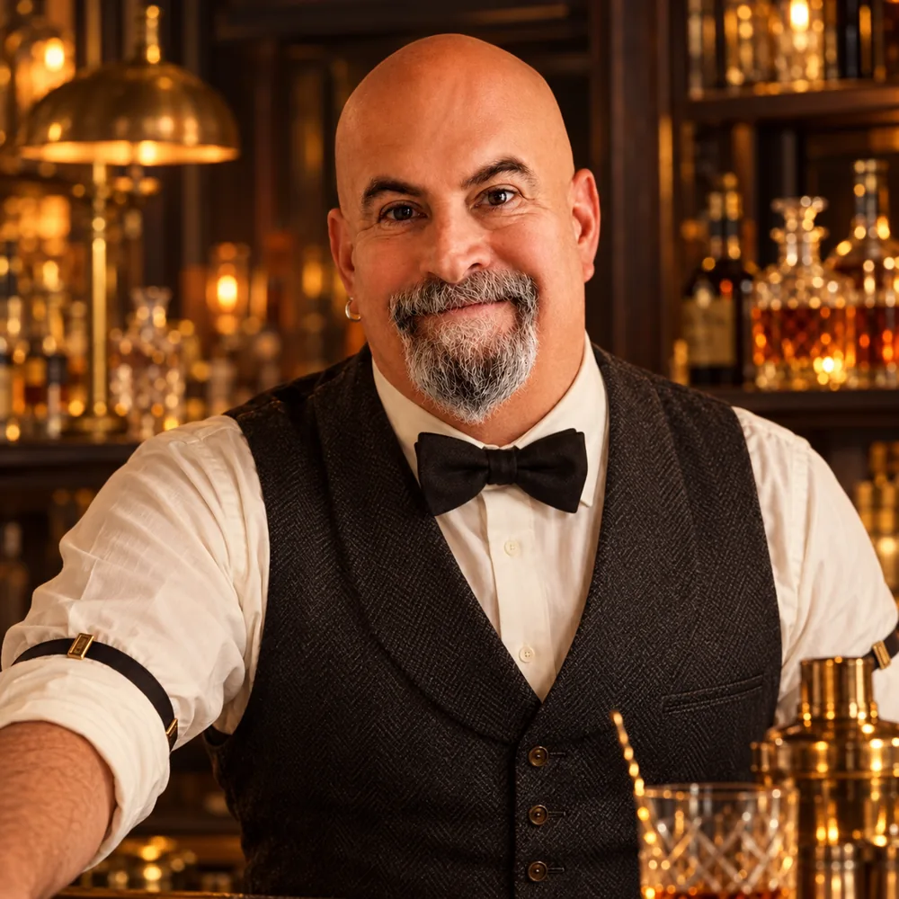 Wren Peterman behind the bar in a waistcoat and bow tie.